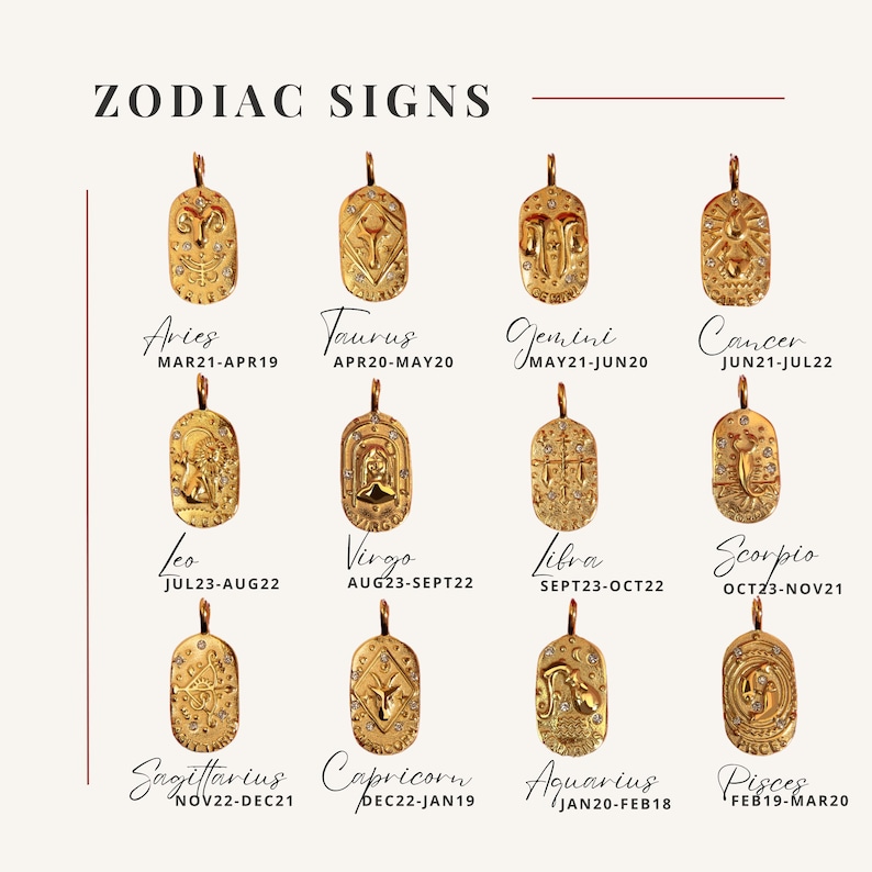 May include: Twelve gold zodiac sign charms with sparkling rhinestones. Each charm features a unique zodiac symbol and the corresponding dates. The charms are arranged in two rows of six.