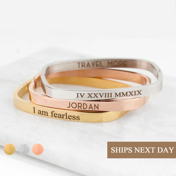 Rectangle Bangle Bracelet Personalized Gifts for Mom Mother's day gift Engraved Cuff Bracelet for Women Stacking Jewelry Name Bracelet