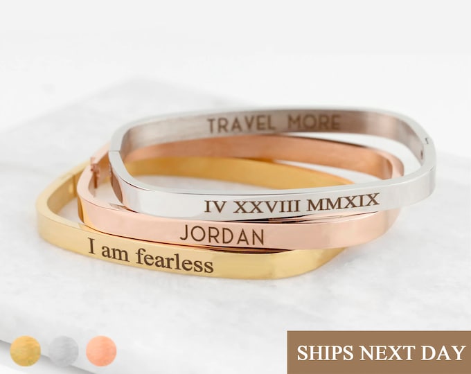 Rectangle Bangle Bracelet Personalized Gifts for Mom Mother's day gift Engraved Cuff Bracelet for Women Stacking Jewelry Name Bracelet