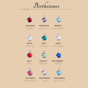 May include: A chart showing the birthstones for each month of the year. The chart features a small, round, gemstone charm for each month. The gemstones are displayed in their traditional colors, such as red for January, purple for February, blue for March, and so on.