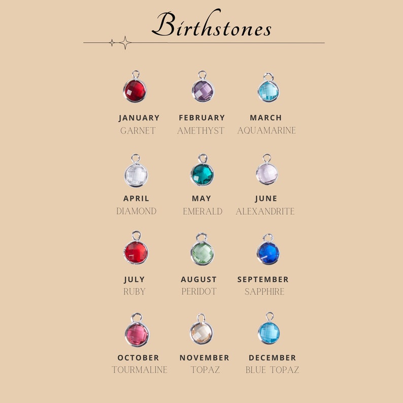 May include: A chart showing the birthstones for each month of the year. The chart features a small, round, gemstone charm for each month. The gemstones are displayed in their traditional colors, such as red for January, purple for February, blue for March, and so on.