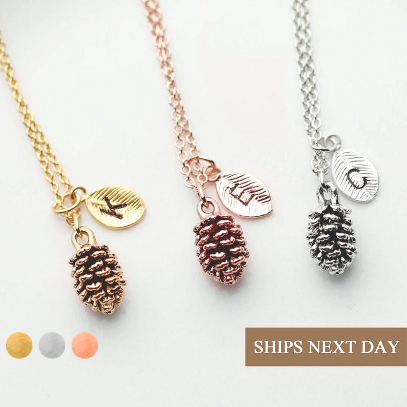 This dainty jewelry has pinecone pendant with personal Initial engraved leaf charm.
you can add up to 4 leaf charms to make matching necklaces for best friends, couples or mom and daughter!
cute pine cone necklace summer jewelry.