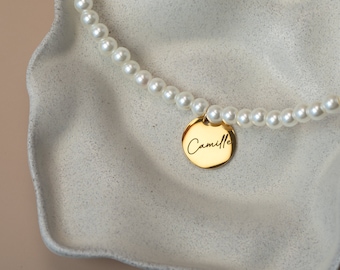 Name Coin Charm Pear Necklace, Mother's Day Gift, Birthday Gift for her, Personalized Gifts for Mom, Handmade Necklace, Pearl Choker