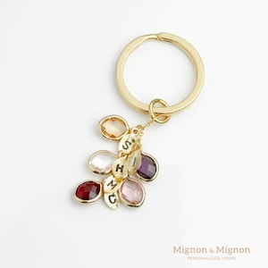 May include: Gold keychain with a charm featuring six small, colorful gemstones and gold letters spelling out "SHIMC".