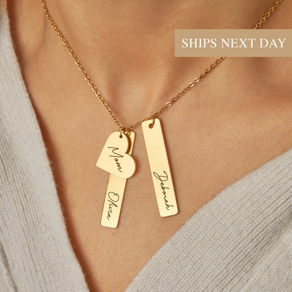 Mom Engraved Bar Heart Necklace - Etsy 