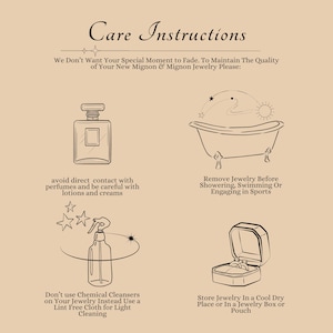 May include: Care instructions for jewelry. Avoid direct contact with perfumes and lotions. Remove jewelry before showering, swimming, or engaging in sports. Store jewelry in a cool, dry place or in a jewelry box or pouch.
