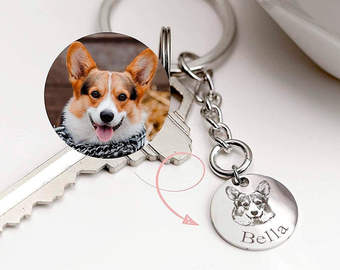 Pet Portrait Keychain Best Gifts for Men Fathers Day Gift Cat Mom Dog Mom Gifts Key Ring Custom Engraved Pet lover Memorial Cat Loss Gift