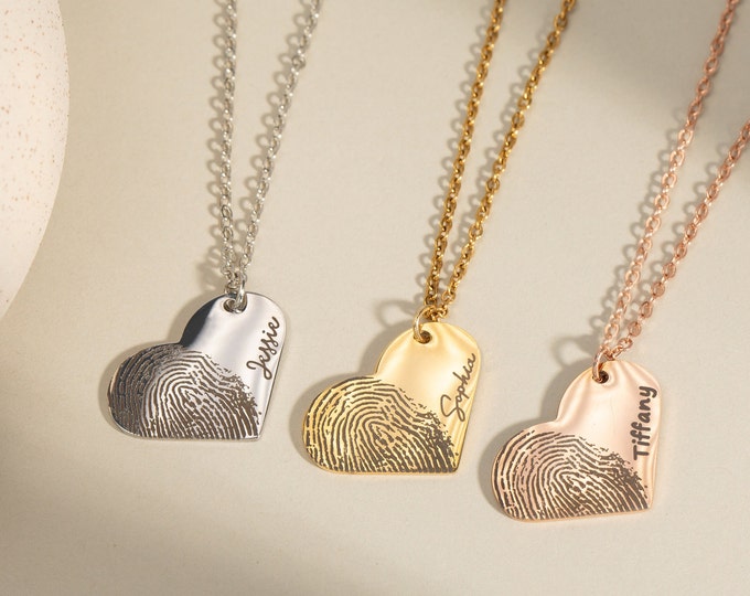 Personalized Fingerprint Heart Necklace for Women Unique Heart Charm Jewelry for Long Distance Couples Handmade Best Gift Necklace for Her