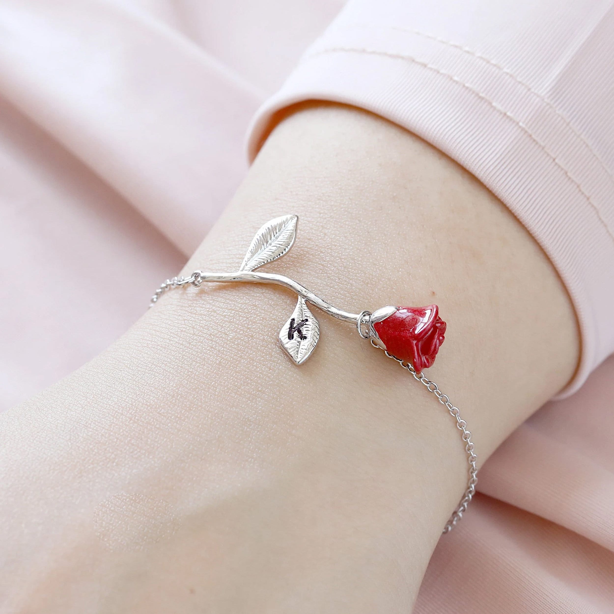 Rose Bracelet Gift for Her Beauty And The Beast Jewelry Personalized Flower Bracelet Initial Charm For BFF Bridesmaid Gift Mother&#39;s day gift