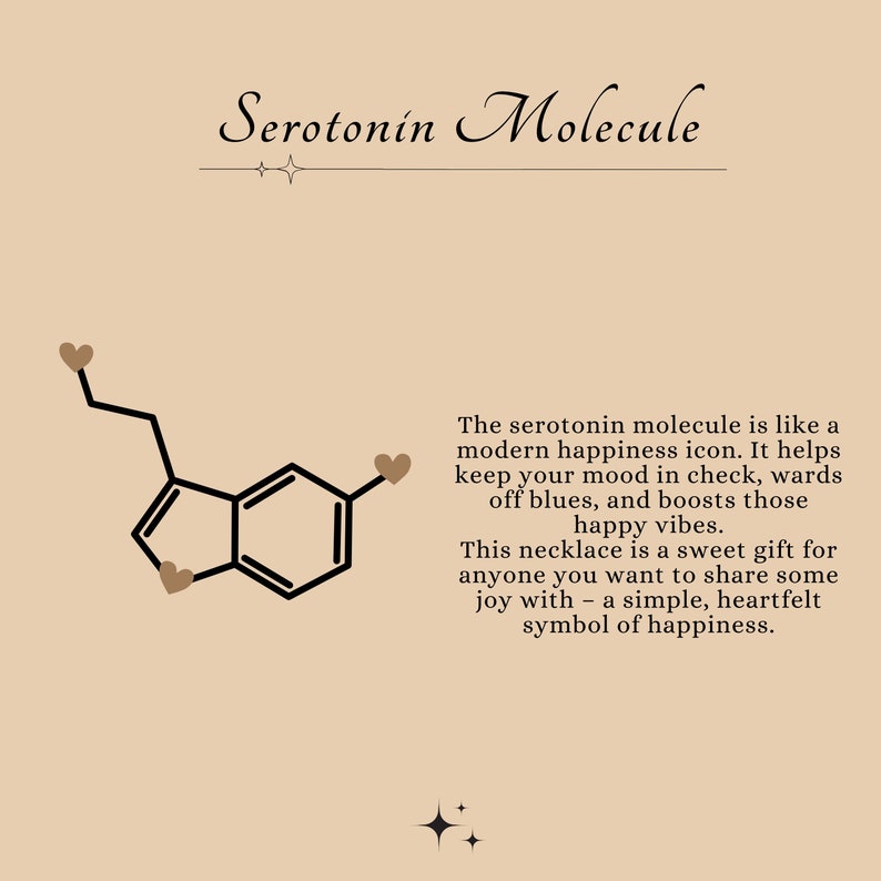 May include: A black and white illustration of the serotonin molecule with four brown hearts. The text "Serotonin Molecule" is at the top of the image. The text below the image reads: "The serotonin molecule is like a modern happiness icon. It helps keep your mood in check, wards off blues, and boosts those happy vibes. This necklace is a sweet gift for anyone you want to share some joy with - a simple, heartfelt symbol of happiness."