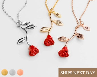 Custom Initial Rose Necklace for Woman Bridgerton Floral Jewelry Beauty And The Beast Gold Flower Gift Bridal Shower Bridesmaid Gift -3MRN-L