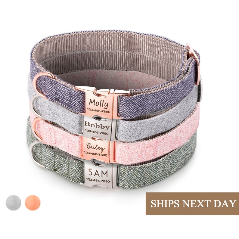 May include: Four dog collars in different colors with personalized name tags. The collars are stacked on top of each other. The name tags are silver with rose gold lettering. The collars are made of a soft, durable material. The colors are gray, pink, green, and purple.