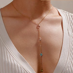 Personalized Long Drop Y Birthstone Necklace Custom Necklace with 1-5 Stones Long Layering Necklace Gift for Mom Grandma Bridesmaids