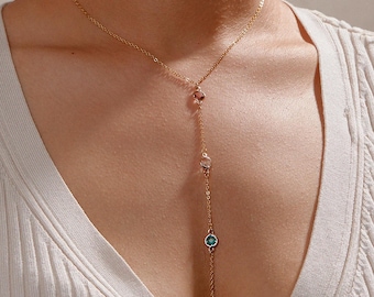Personalized Long Drop Y Birthstone Necklace Custom Necklace with 1-5 Stones Long Layering Necklace Gift for Mom Grandma Bridesmaids