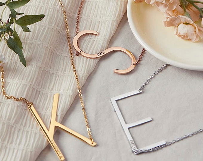 Personalized Large Initial Necklace Engraved New Mom Gifts Custom Big Sideways Letter Jewelry Name Necklace for Women Big Initial