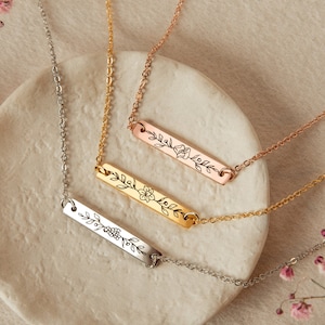 Personalized Birth Flower Bar Necklace Gift for Her Best Birthday Gift Anniversary Bridesmaid Carnation Gift for Teacher Appreciation