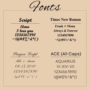 Pode incluir: Um gr&aacute;fico mostrando diferentes estilos de fonte com as palavras "Fonts", "Script", "Times New Roman", "Pinyon Script" e "ACE (All Caps)" no topo. Os estilos de fonte s&atilde;o mostrados com as palavras "Elena", "I love you", "1234567890", "~!@#$%^&*()", "Milo & Anna", "06.15.2010", "1234567890", "!@#$%^&*()", "Frank + Mona", "Always & Forever", "1234567890", "~!@#$%^&*()", "AQUARIUS", "VI-XIV-VII", "1234567890", "!@#$%^&*()" em cada estilo de fonte.