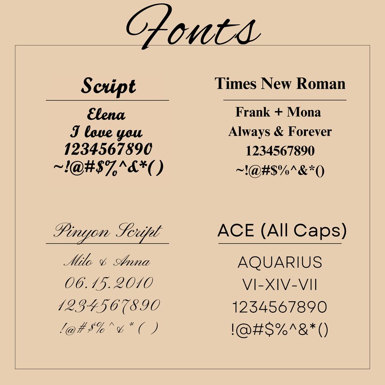 Pode incluir: Um gr&aacute;fico mostrando diferentes estilos de fonte com as palavras "Fonts", "Script", "Times New Roman", "Pinyon Script" e "ACE (All Caps)" no topo. Os estilos de fonte s&atilde;o mostrados com as palavras "Elena", "I love you", "1234567890", "~!@#$%^&*()", "Milo & Anna", "06.15.2010", "1234567890", "!@#$%^&*()", "Frank + Mona", "Always & Forever", "1234567890", "~!@#$%^&*()", "AQUARIUS", "VI-XIV-VII", "1234567890", "!@#$%^&*()" em cada estilo de fonte.