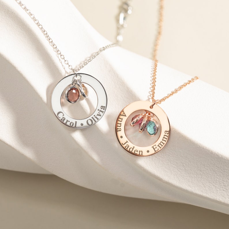 Mom Birthstone Necklace, Mother's day gift for her, Multiple Birthstone Grandma Necklace, Circle Name Pendant, Birthday gift For Mom image 4