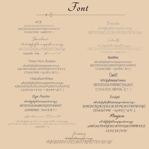 Font selection options for custom engraved jewelry, including styles like ACE, Shoreline, Times New Roman, Handwritten, Sign Painter, Autumn Chant, Daniela, Velocity, Gothic, Sweet, Script, Pinyon, and Journey.