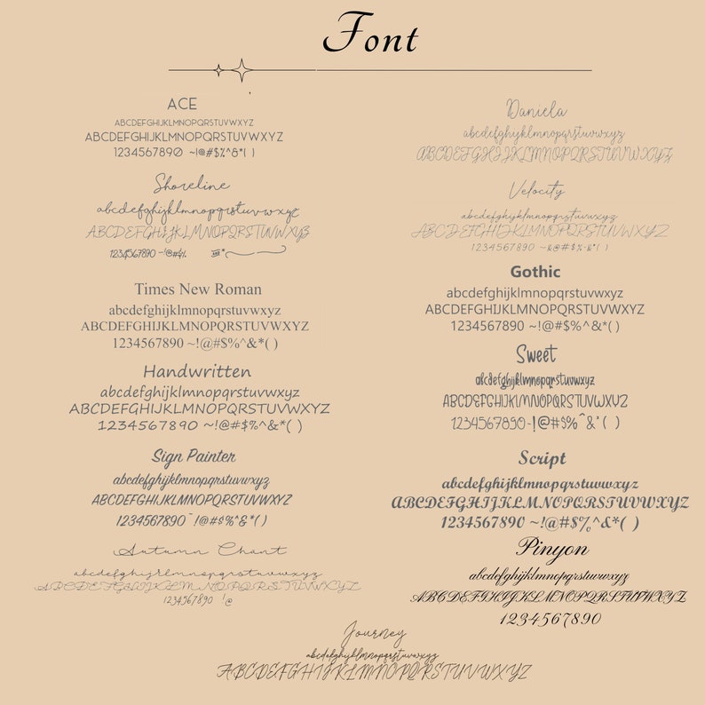 Font selection options for custom engraved jewelry, including styles like ACE, Shoreline, Times New Roman, Handwritten, Sign Painter, Autumn Chant, Daniela, Velocity, Gothic, Sweet, Script, Pinyon, and Journey.