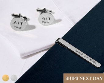 Cufflinks and Tie Clip Custom Set Personalized Gift Men Cuff Link for Groom Fathers of the Bride Engrave Unique Fathers Day Gifts -CFL-TC-S