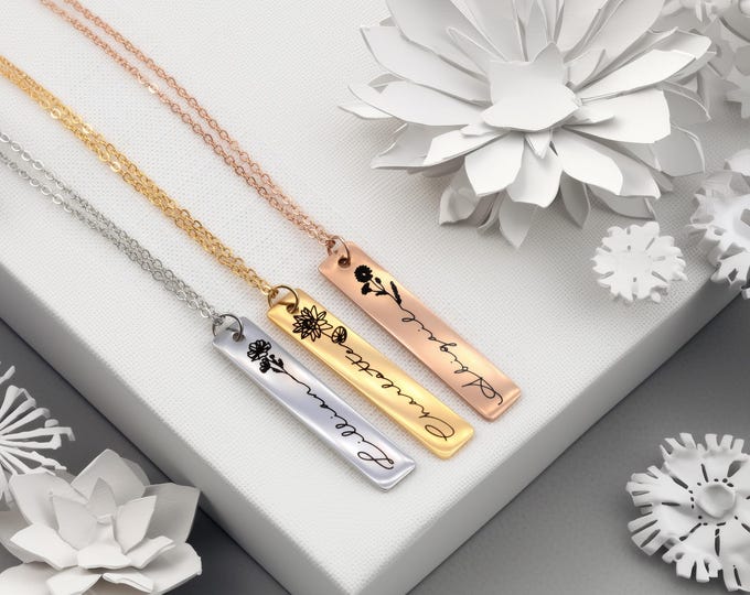 Personalized Birth Flower , Necklace for Mom, Minimal Floral Name Necklace, Custom Graduation Gift, Bridesmaid Wedding Gift