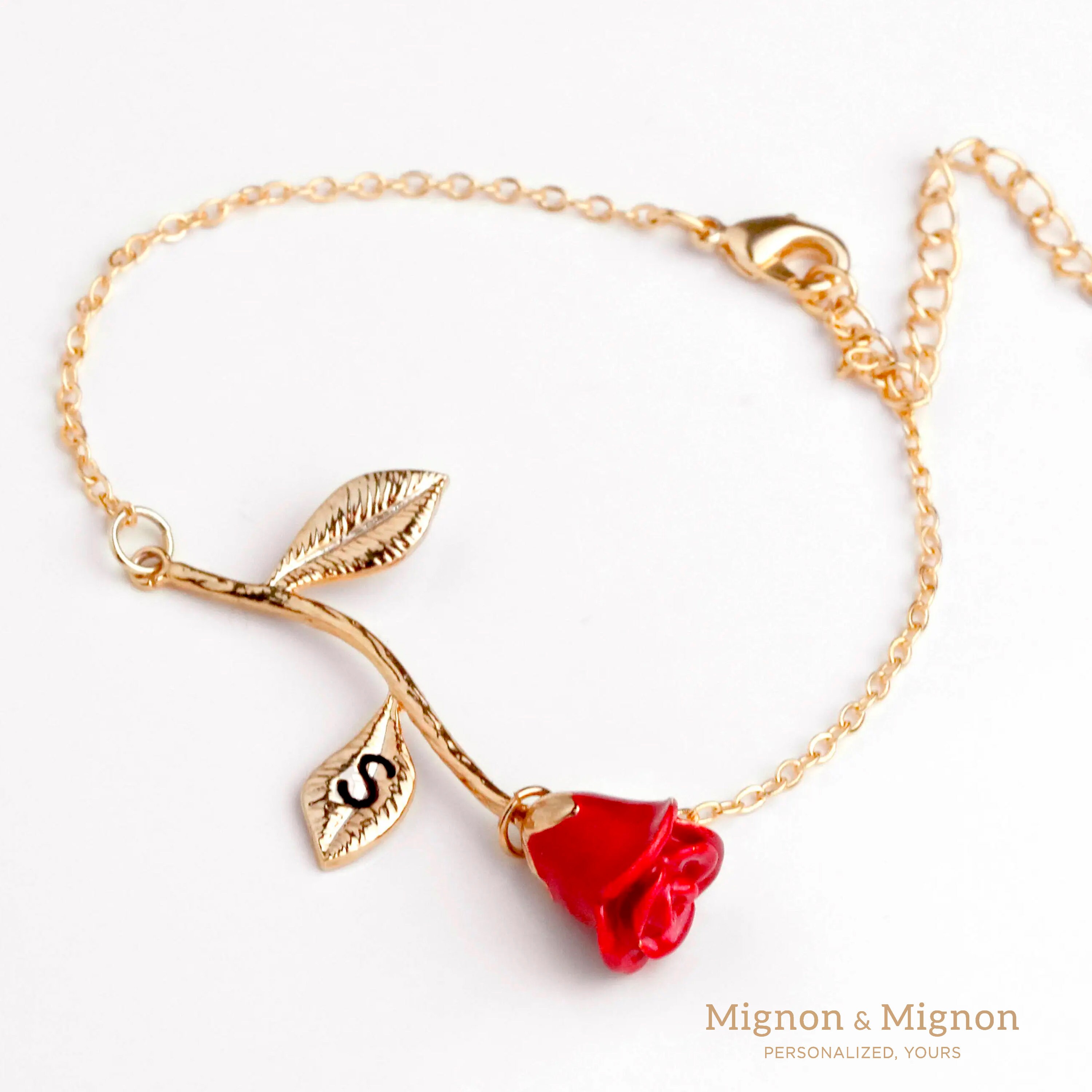 Rose Bracelet Gift for Her Beauty And The Beast Jewelry Personalized Flower Bracelet Initial Charm For BFF Bridesmaid Gift Mother&#39;s day gift