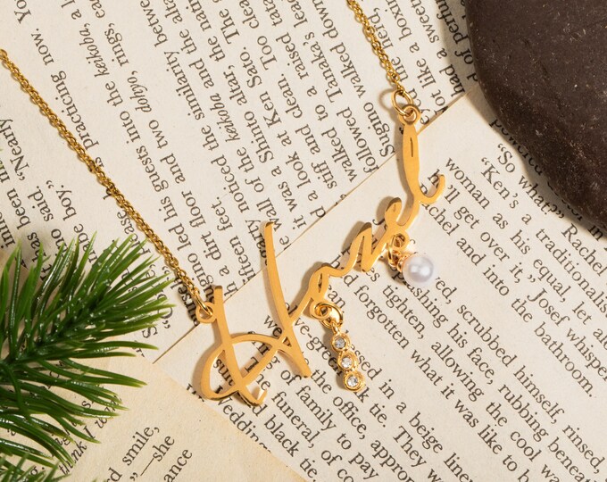 Personalized Name Necklace with Charms Custom Gold Birthstone Jewelry Initial Charm Necklace Valentines Day Gift for her Zodiac Pearl Charm