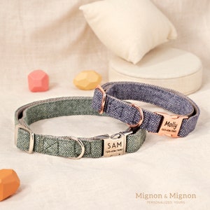 May include: Two personalized dog collars with a herringbone pattern. The green collar has the name "SAM" and phone number "123-456-7890" engraved on the buckle. The blue collar has the name "Molly" and phone number "123-456-7890" engraved on the buckle.