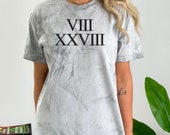 VIII XXVIII, Romans 8:28, Christian Tee, Bible Verse T-shirt, All Things Good, Faith, Trust God, Religious tee, Color blast tee