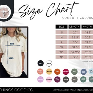 Puede incluir: Tabla de tallas para camisetas en tallas S a 3XL. La tabla muestra la longitud y el ancho de cada talla en pulgadas. La tabla est&aacute; etiquetada como "Comfort Colors 1717".