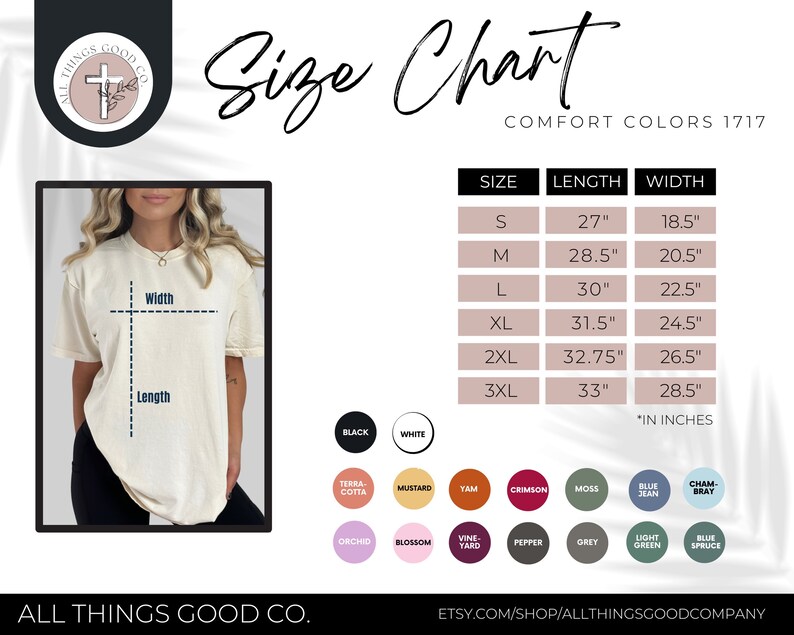 Puede incluir: Tabla de tallas para camisetas en tallas S a 3XL. La tabla muestra la longitud y el ancho de cada talla en pulgadas. La tabla est&aacute; etiquetada como "Comfort Colors 1717".