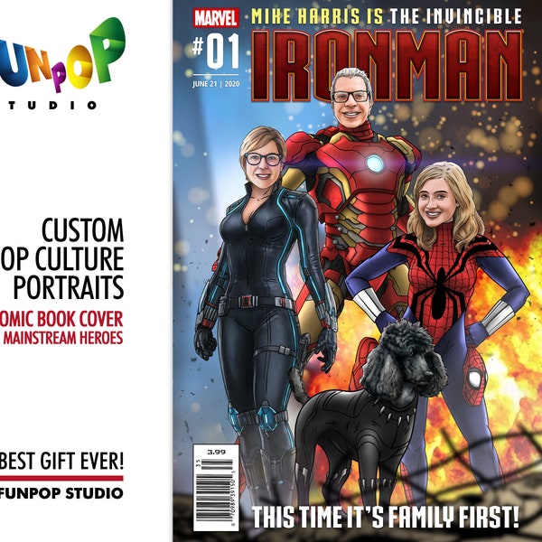 COMIC BOOK COVER Custom Portrait featuring popular heroes, imagine family or friends as superheroes on a custom comic book cover