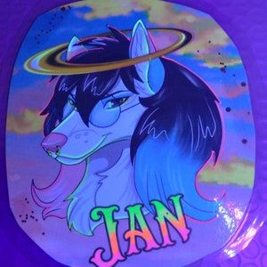 May include: A sticker featuring a stylized wolf-like character with black hair, glasses, and a halo. The character's name, "JAN," is written in vibrant green and pink letters. The background shows a colorful sky with clouds.