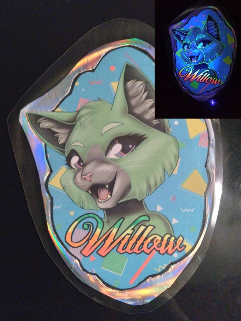 May include: A holographic sticker featuring a cartoon cat with green fur and gray accents. The cat has a friendly expression and the name "Willow" in a colorful, stylized font. The background is light blue with geometric shapes.