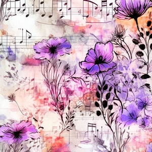 Watercolor flowers Musik Design Nahtloses Muster, flower, digital Papier, scrapbook, druckbare Surfacedesign magical,Stoffdruck 300DPI