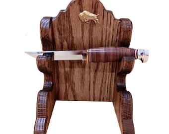 Oak Two Place Wooden Knife Stand Display With Brass Buffalo Accent - Choice of Finish