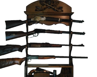 Walnut Wooden 4 Place Wall Gun Rack Black Forest Carved Deer Stag
