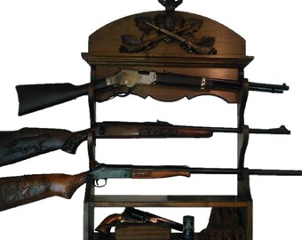 Walnut Wooden 3 Place Wall Gun Rack Black Forest Carved Deer Stag