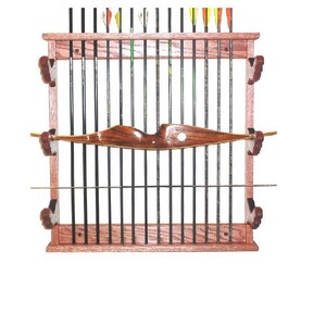 May include: A wooden archery rack with a bow and arrows. The rack is made of light brown wood and has slots for arrows and a shelf for the bow. The arrows have various colored fletchings. The bow is brown.
