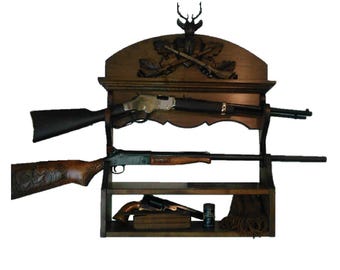 Walnut Wooden 2 Place Wall Gun Rack Black Forest Carved Deer Stag