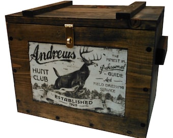 Rustic Wooden Ammo Box, Hunting Accessories Storage Crate - Vintage Deer Ad