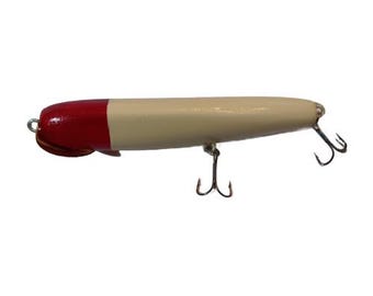 Handmade Wooden Fishing Lure - 7 1/2" Wobbler Vintage Red and White color