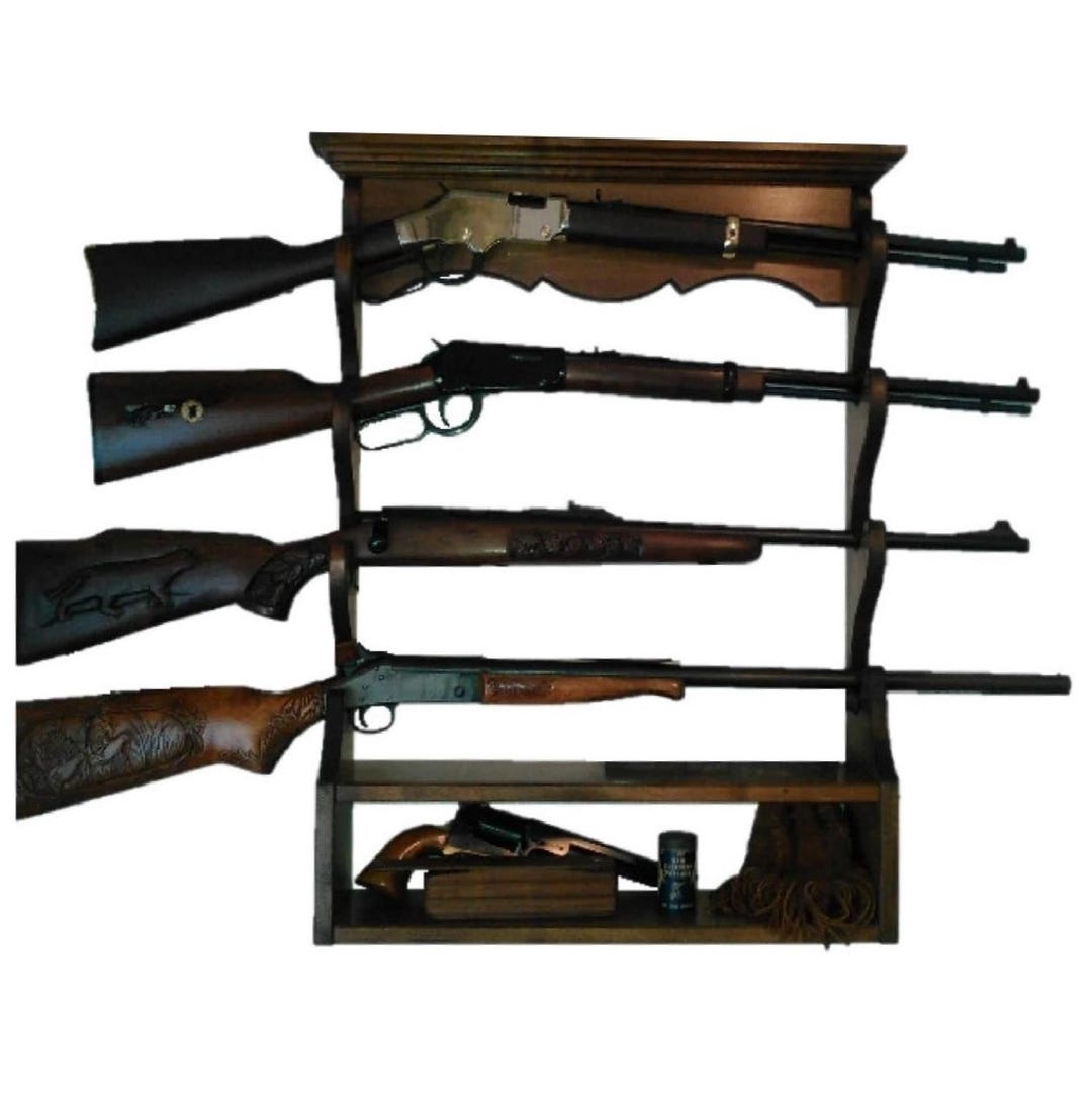 Solid Walnut Wooden Gun Rack Rifle Shotgun Wall Display With Ammo ...