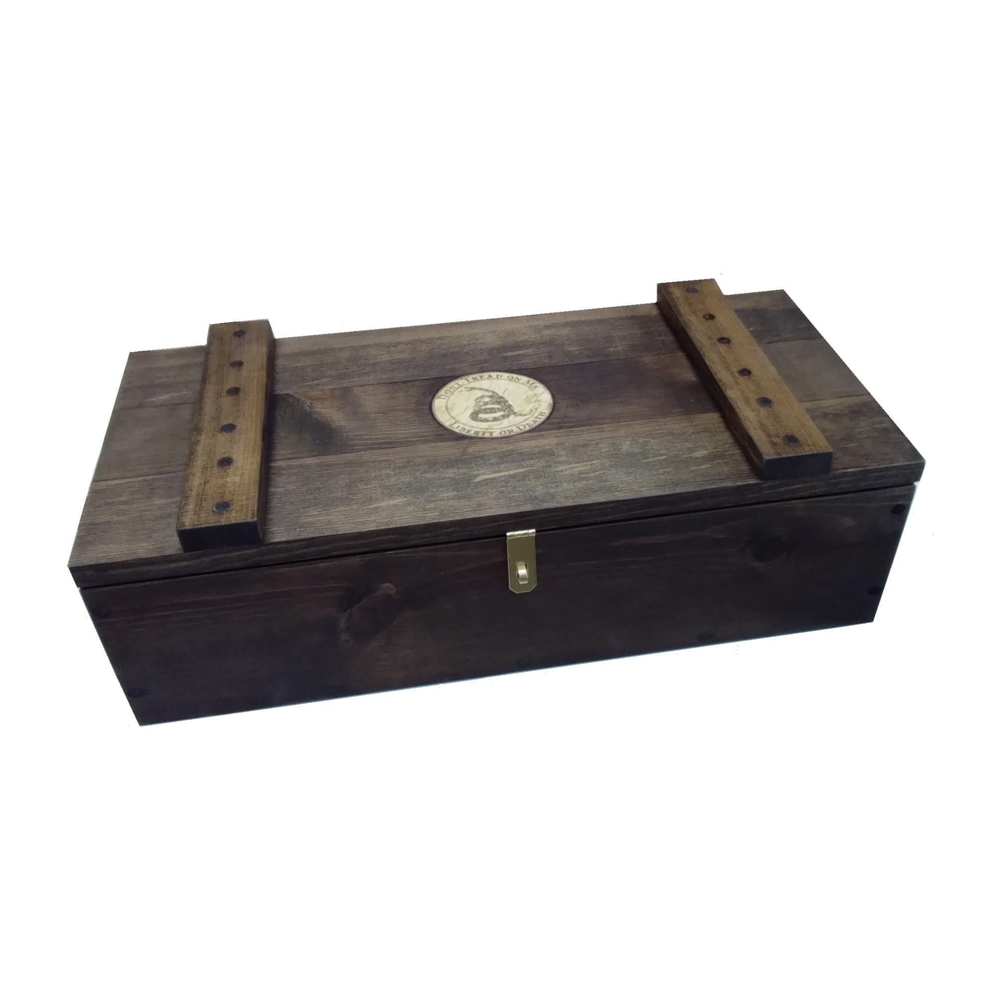 Dark Rustic Pine Wooden Ammo Box - Gadsden Cartridge Gun Accessories Storage Crate