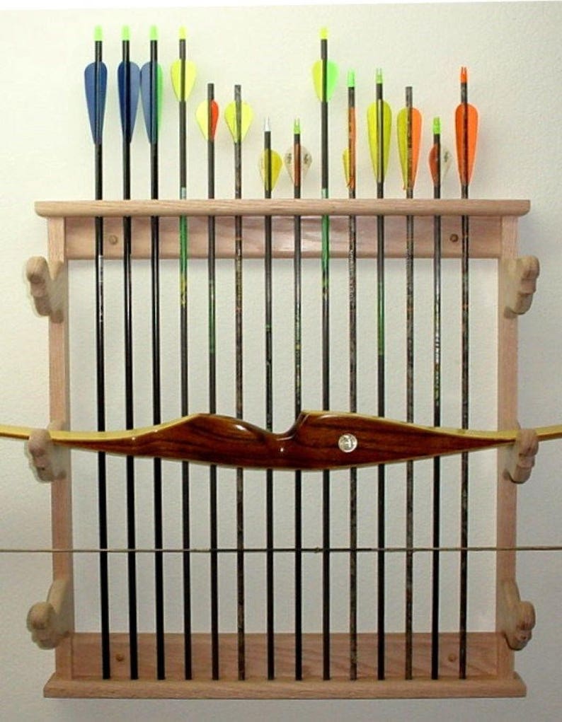 Oak Wooden 3 Bow Rack Arrows Compound Recurve Archery Wall Image 0 1