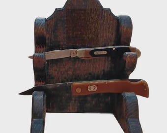 Rustic Pine Two Place Wooden Knife Stand Display