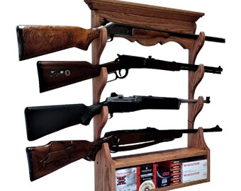 Oak Wood Gun Rack Rifle Shotgun Wall Display - Ammo Storage - Choice of Finish