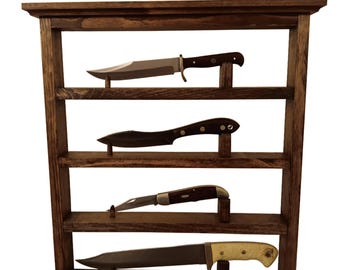 Rustic Wooden 4 Place Wall Knife Display for 10" - 15" Hunting or Collectible Knives